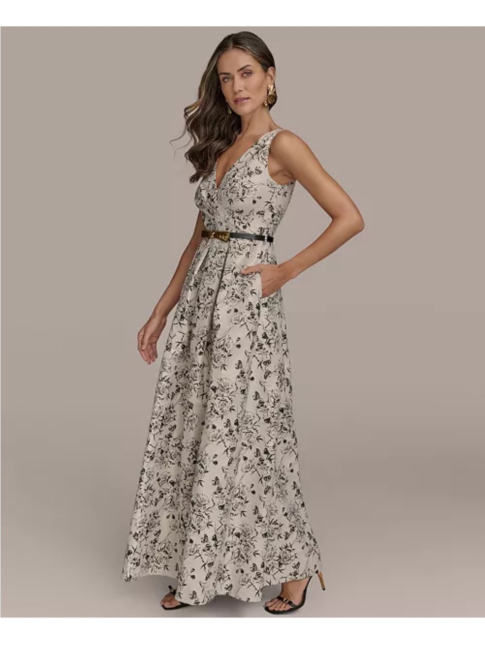 Donna Karan Belted V-Neck Jacquard Ball Gown
